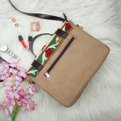 Beige - Silica Hand Embroidery Suede Satchel Sling Bag