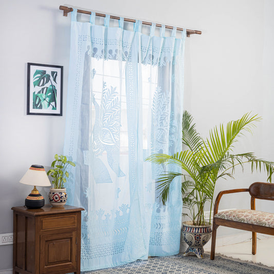 Blue - Applique Peacock Cutwork Cotton Door Curtain from Barmer (7 x 3.5 feet) (single piece)