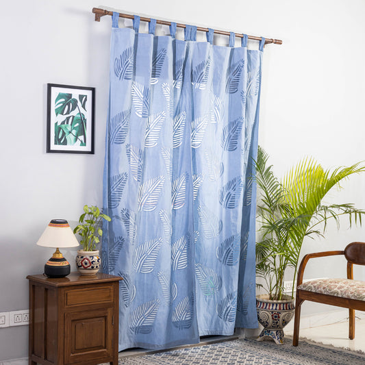 Blue - Applique Leaves Cutwork Cotton Door Curtain from Barmer (7 x 3.5 feet) (single piece)