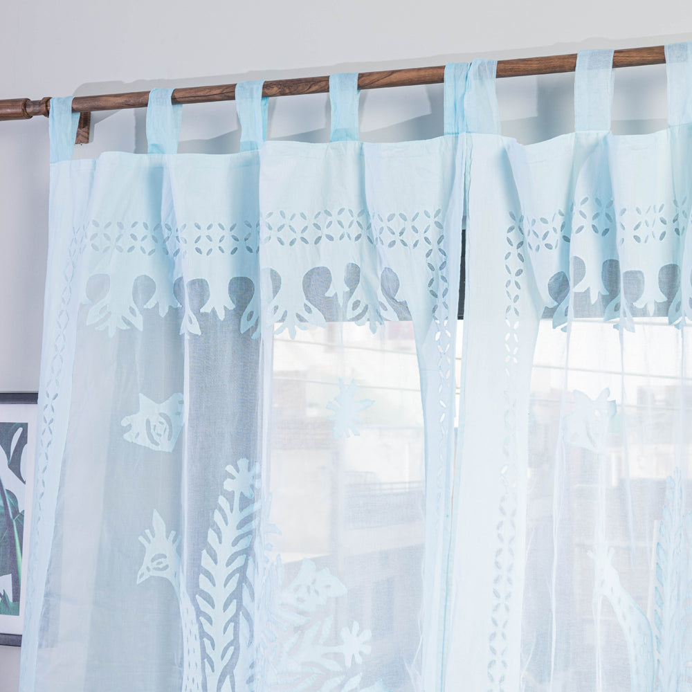 Blue - Applique Peacock Cutwork Cotton Door Curtain from Barmer (7 x 3.5 feet) (single piece)