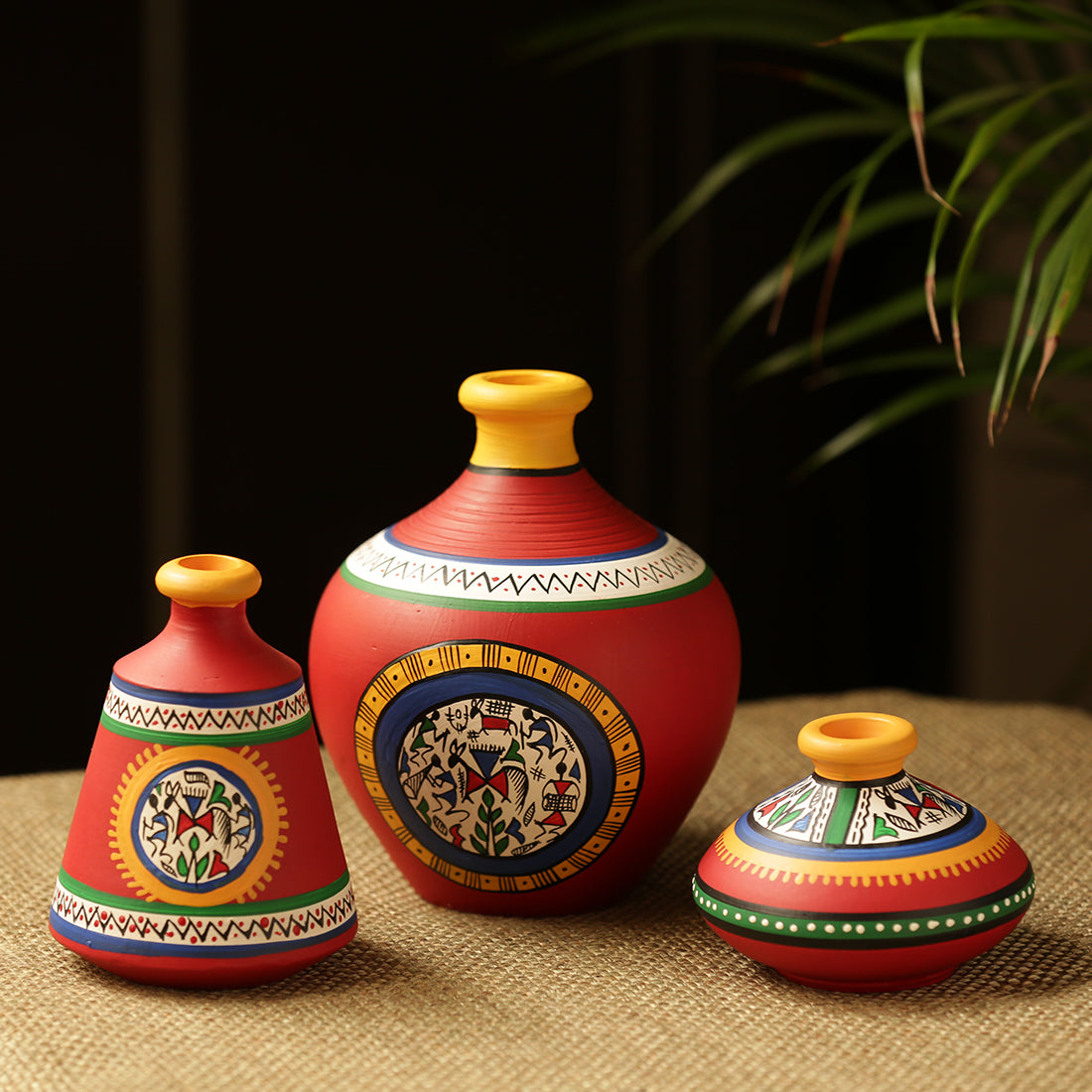 'Warli Red Matkis' Handpainted Terracotta Vases (Set of 3)