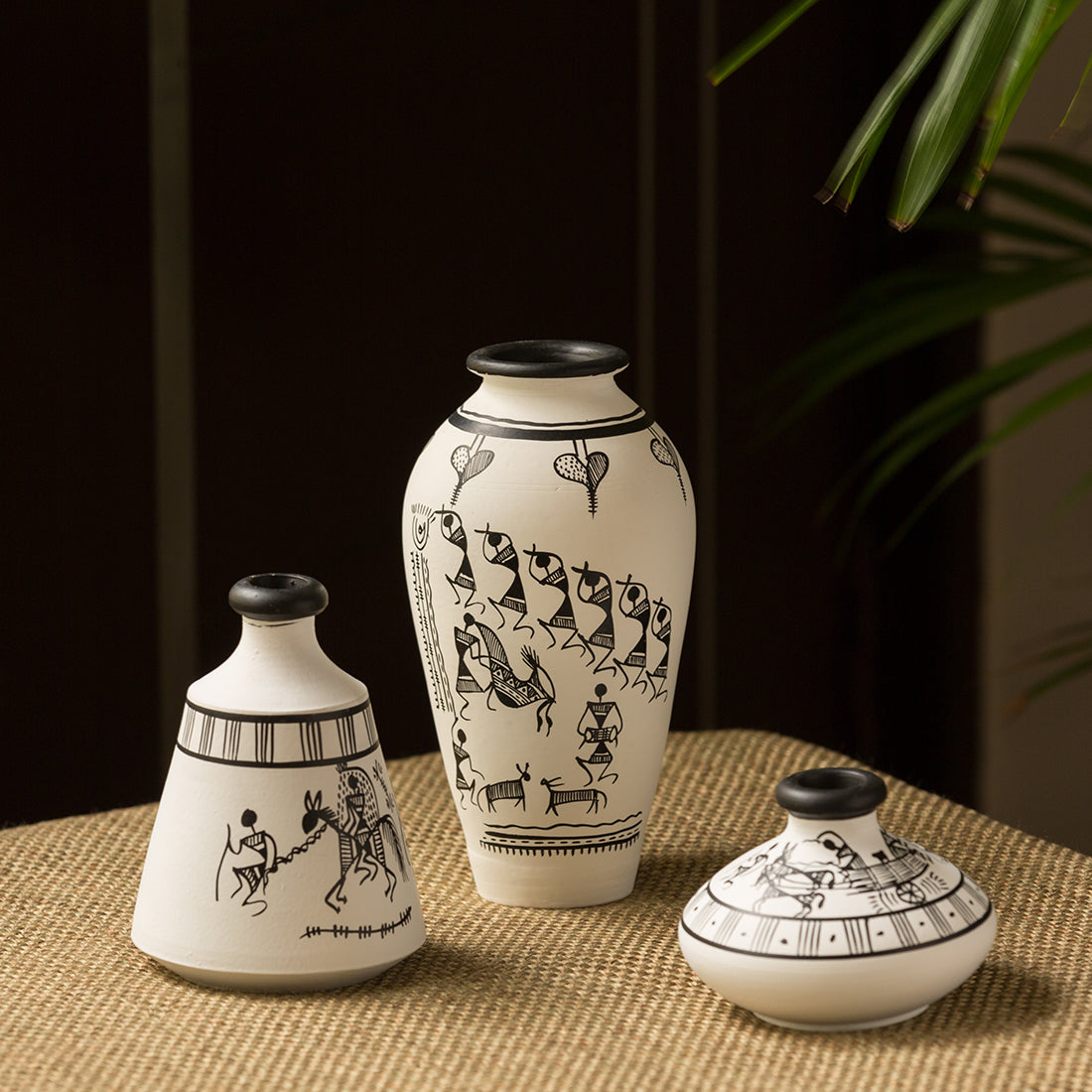 'Warli White Matkis' Handpainted Terracotta Vases (Set of 3)